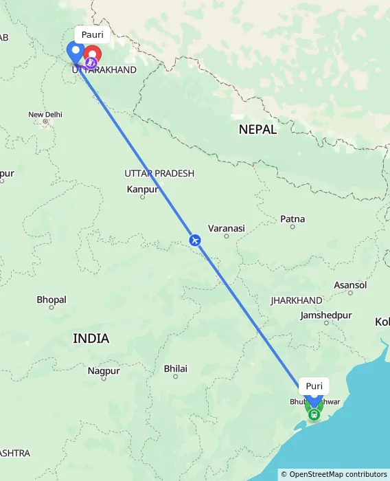 Route map showing distance and travel time from Puri, India to Pauri, India