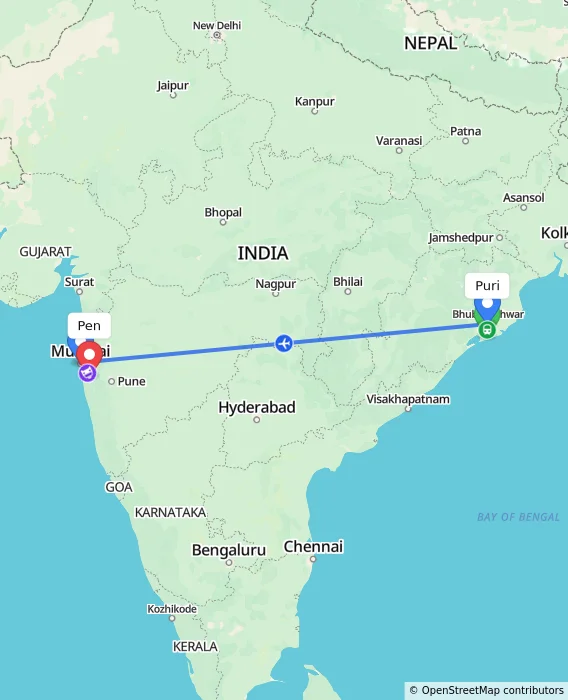 Route map showing distance and travel time from Puri, India to Pen, India