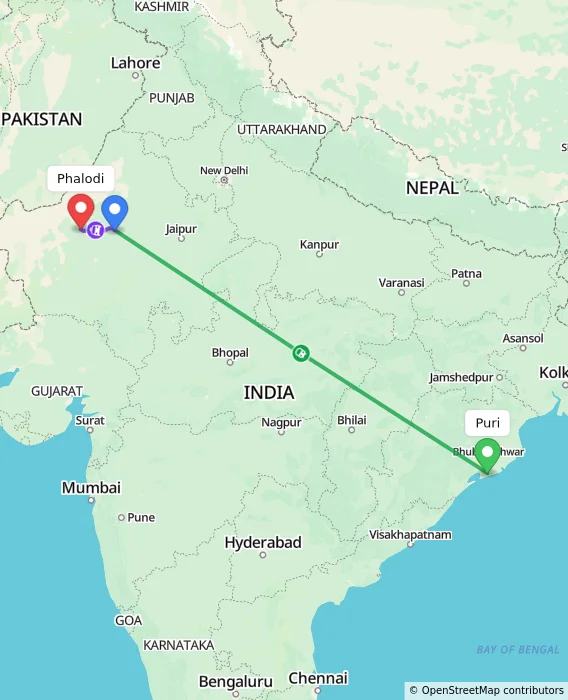 Route map showing distance and travel time from Puri, India to Phalodi, India