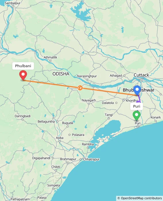 Route map showing distance and travel time from Puri, India to Phulbani, India