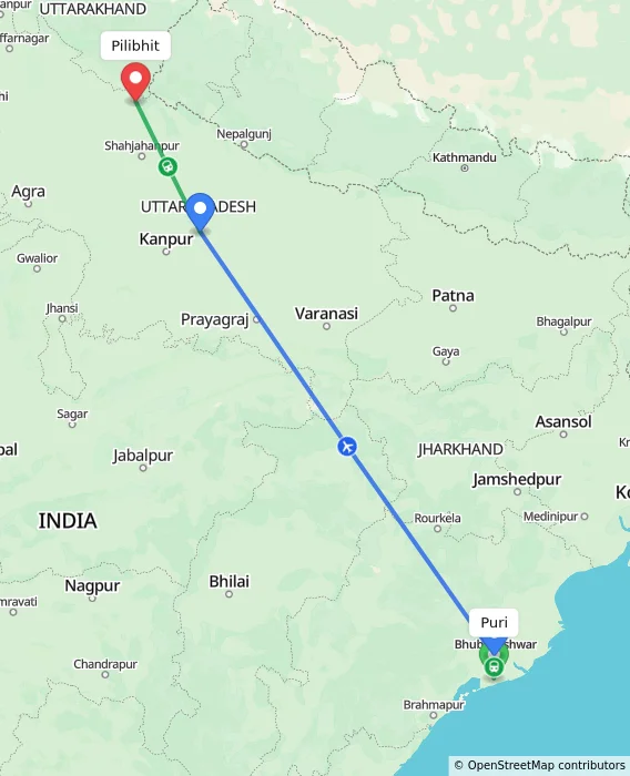 Route map showing distance and travel time from Puri, India to Pilibhit, India