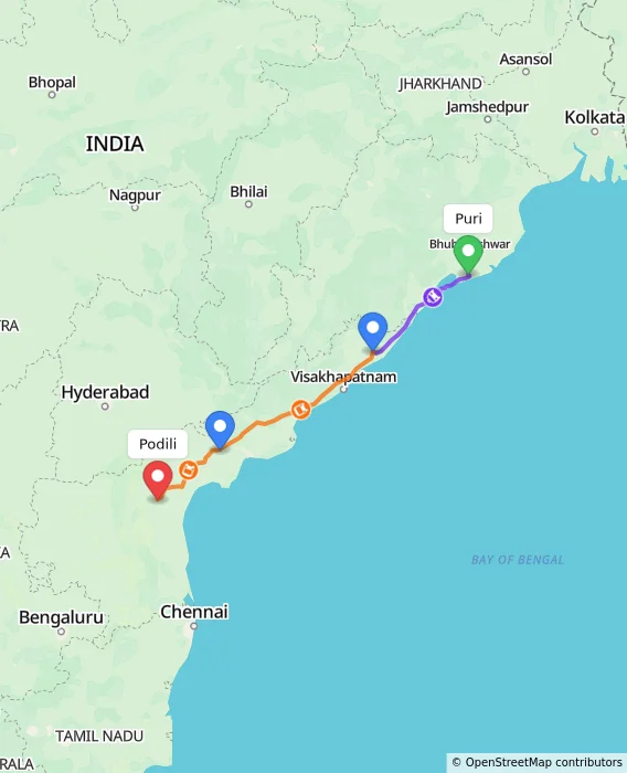 Route map showing distance and travel time from Puri, India to Podili, India