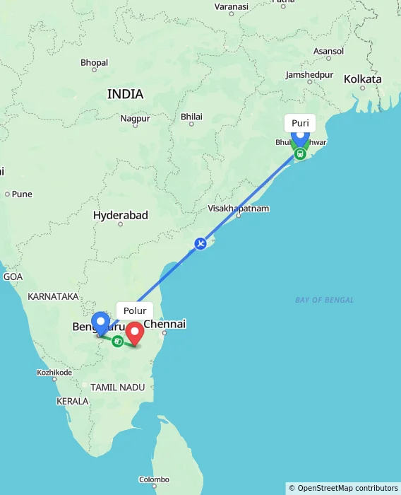 Route map showing distance and travel time from Puri, India to Polur, India