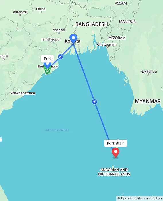 Route map showing distance and travel time from Puri, India to Port Blair, India