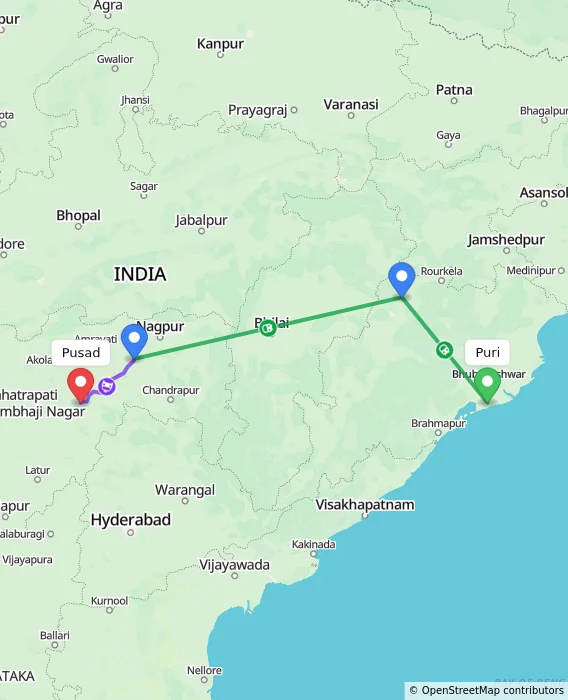 Route map showing distance and travel time from Puri, India to Pusad, India