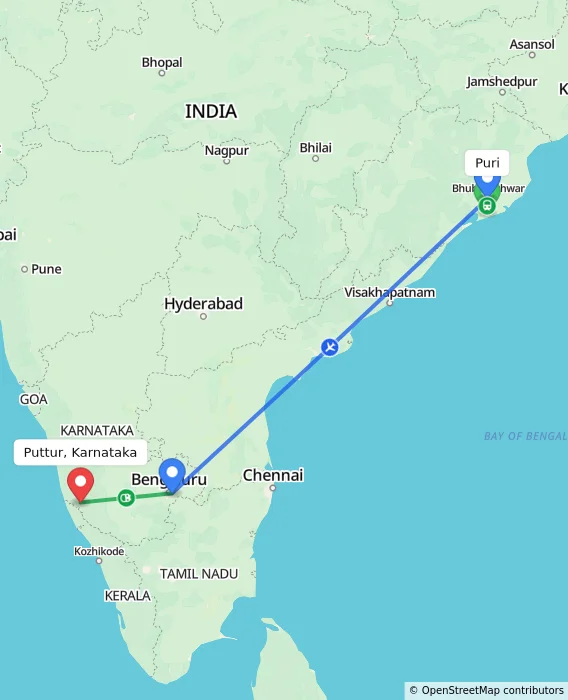 Route map showing distance and travel time from Puri, India to Puttur, Karnataka, India