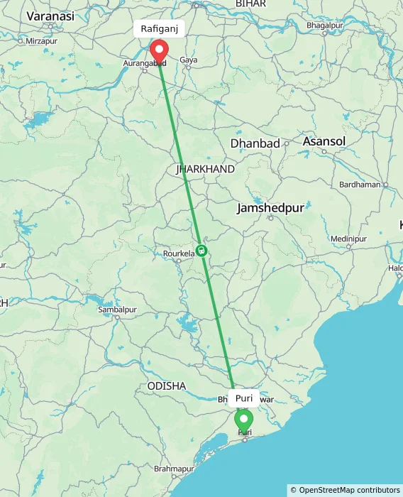 Route map showing distance and travel time from Puri, India to Rafiganj, India