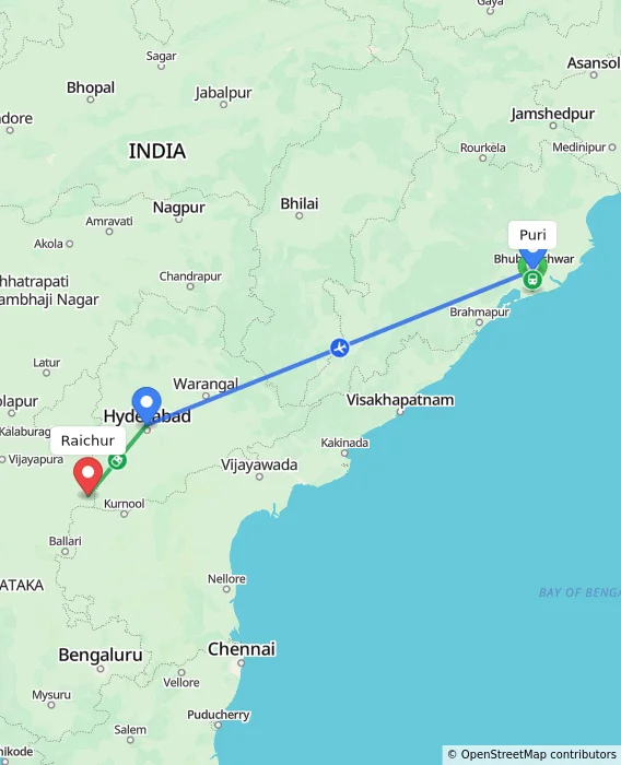 Route map showing distance and travel time from Puri, India to Raichur, India