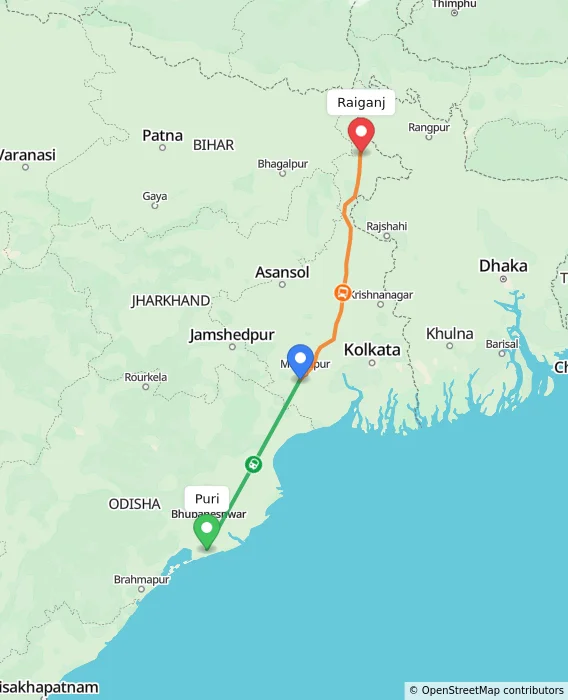 Route map showing distance and travel time from Puri, India to Raiganj, India
