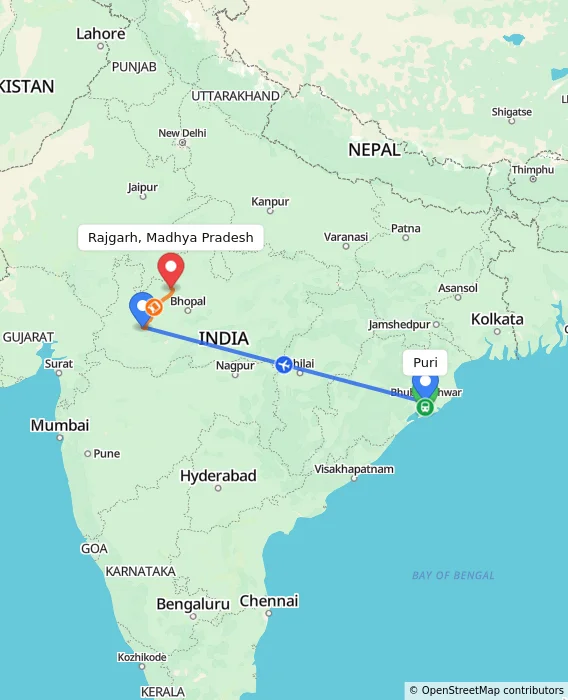 Route map showing distance and travel time from Puri, India to Rajgarh, Madhya Pradesh, India
