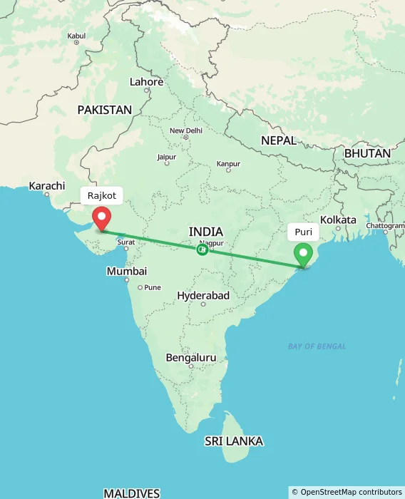 Route map showing distance and travel time from Puri, India to Rajkot, India