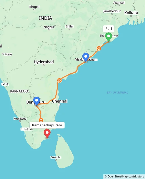 Route map showing distance and travel time from Puri, India to Ramanathapuram, India