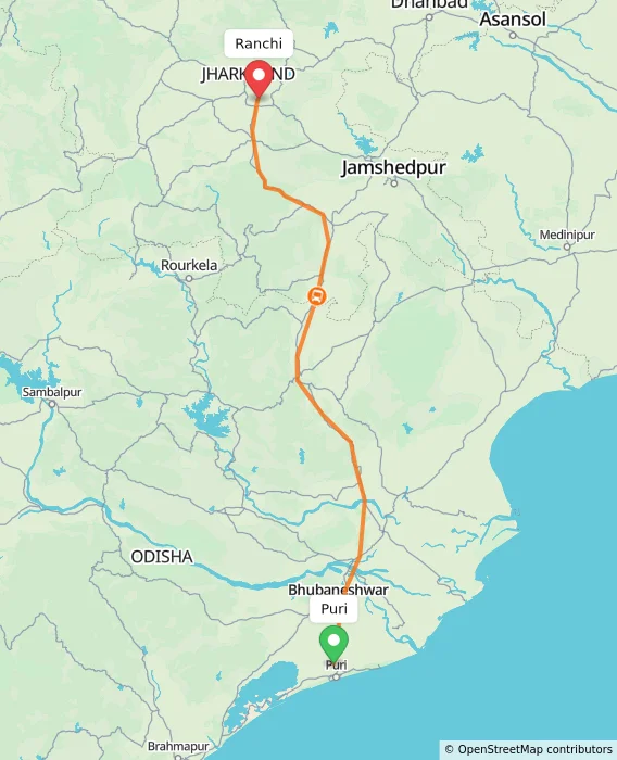 Route map showing distance and travel time from Puri, India to Ranchi, India