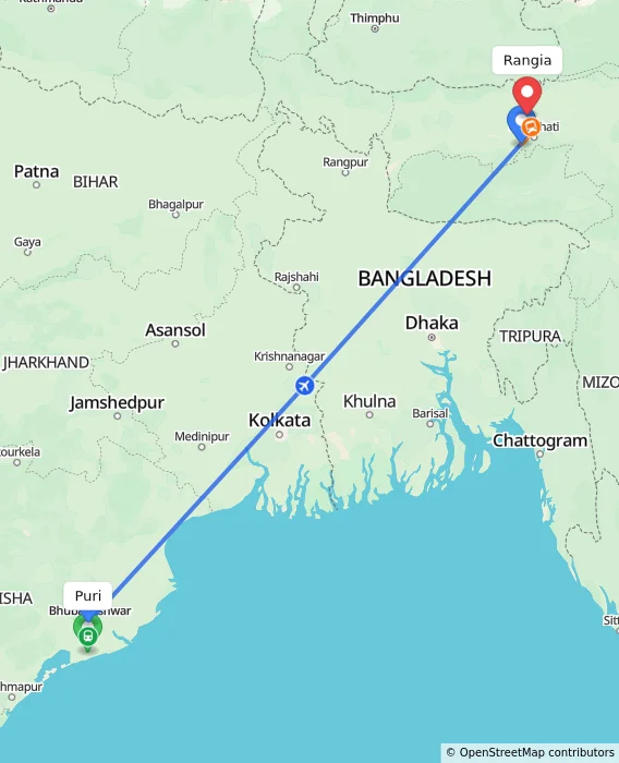 Route map showing distance and travel time from Puri, India to Rangia, India