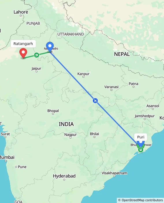 Route map showing distance and travel time from Puri, India to Ratangarh, India