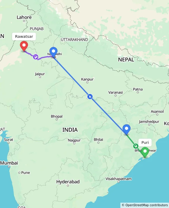 Route map showing distance and travel time from Puri, India to Rawatsar, India