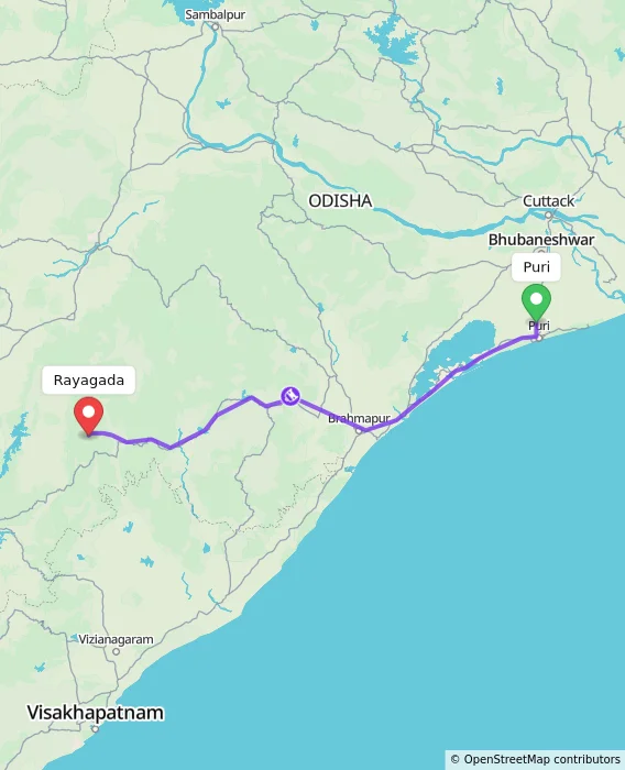 Route map showing distance and travel time from Puri, India to Rayagada, India
