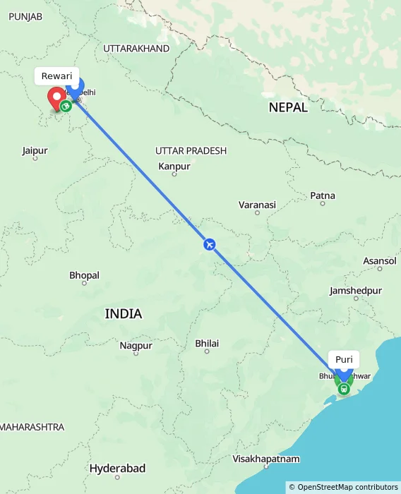 Route map showing distance and travel time from Puri, India to Rewari, India