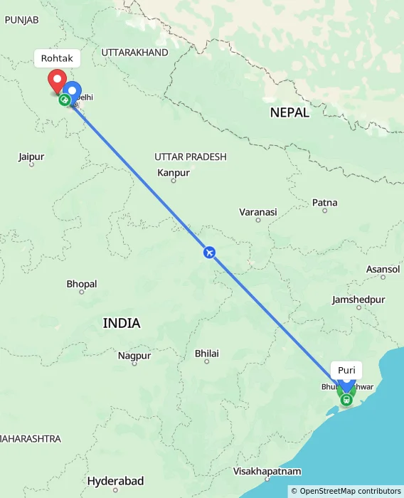 Route map showing distance and travel time from Puri, India to Rohtak, India