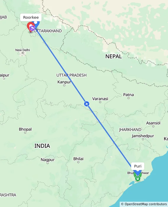Route map showing distance and travel time from Puri, India to Roorkee, India
