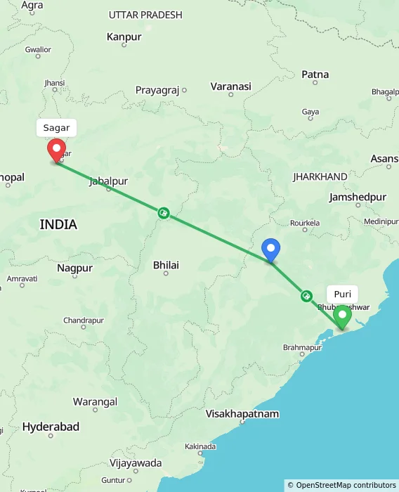 Route map showing distance and travel time from Puri, India to Sagar, India