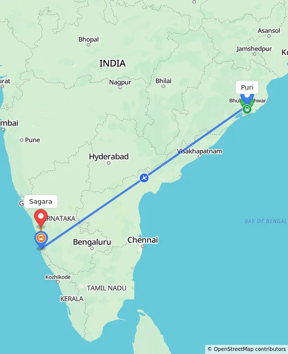 Route map showing distance and travel time from Puri, India to Sagara, India