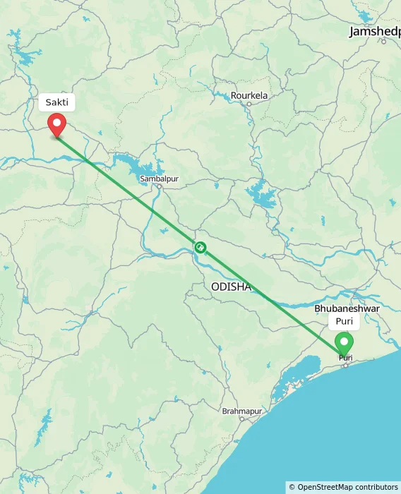 Route map showing distance and travel time from Puri, India to Sakti, India