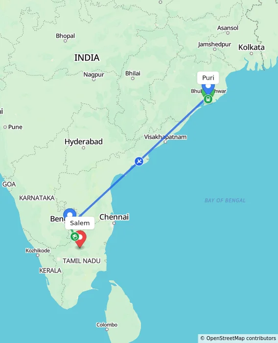 Route map showing distance and travel time from Puri, India to Salem, India
