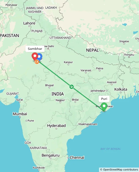 Route map showing distance and travel time from Puri, India to Sambhar, India