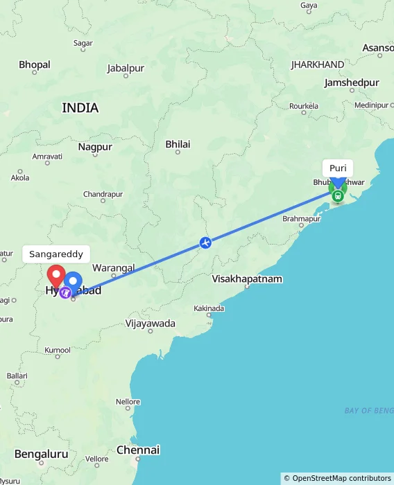 Route map showing distance and travel time from Puri, India to Sangareddy, India