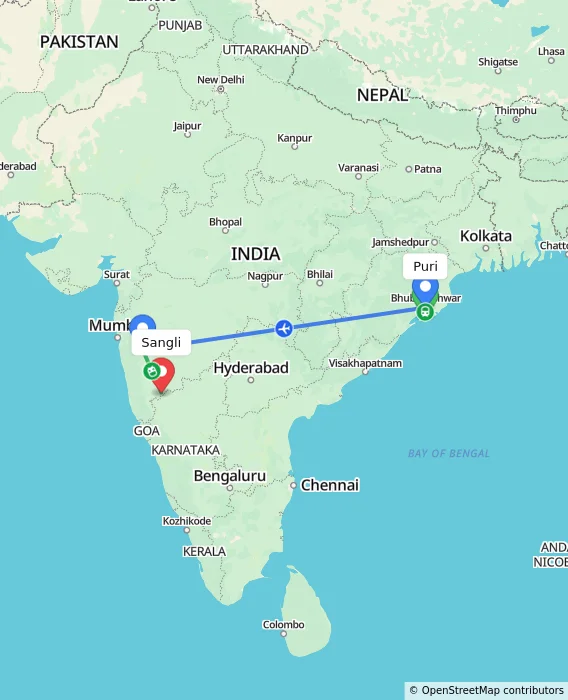 Route map showing distance and travel time from Puri, India to Sangli, India