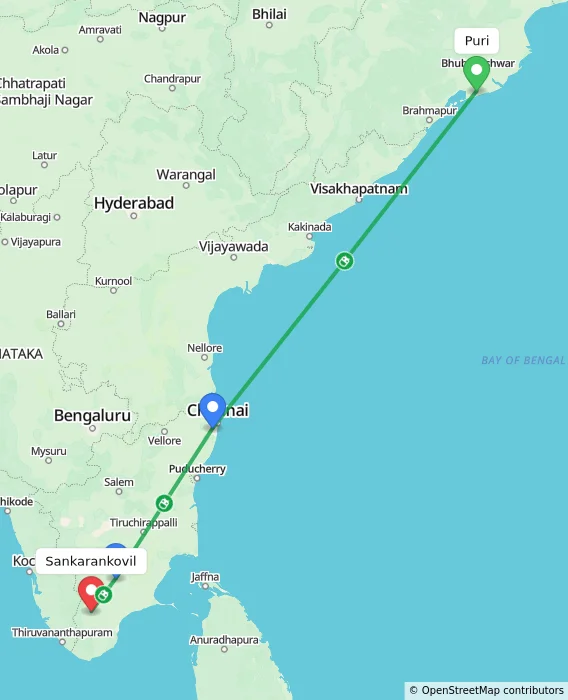 Route map showing distance and travel time from Puri, India to Sankarankovil, India