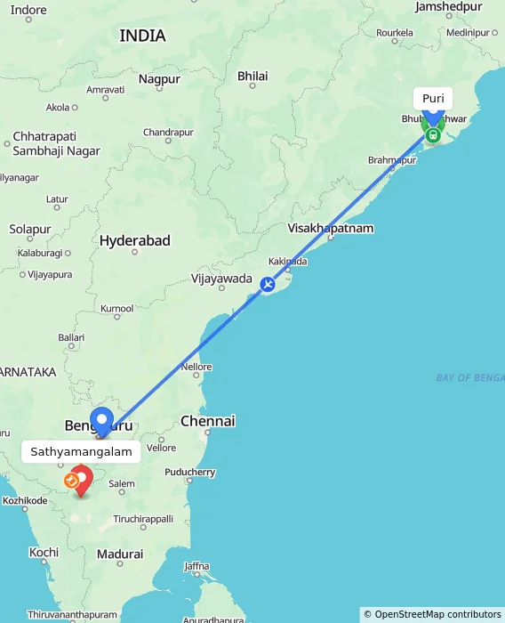 Route map showing distance and travel time from Puri, India to Sathyamangalam, India