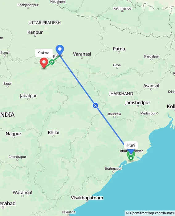 Route map showing distance and travel time from Puri, India to Satna, India
