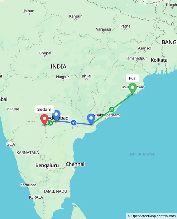 Route map showing distance and travel time from Puri, India to Sedam, India