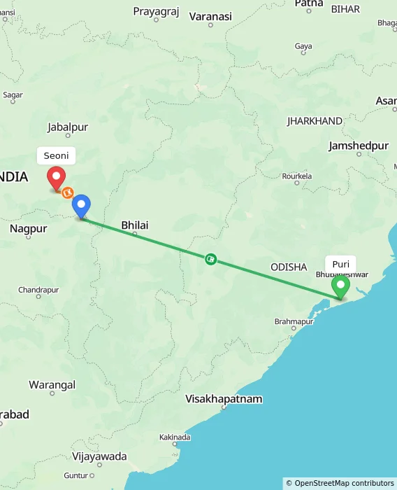 Route map showing distance and travel time from Puri, India to Seoni, India