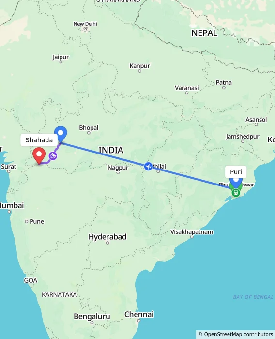 Route map showing distance and travel time from Puri, India to Shahada, India