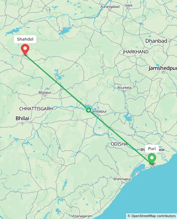 Route map showing distance and travel time from Puri, India to Shahdol, India