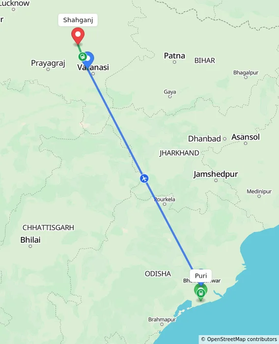 Route map showing distance and travel time from Puri, India to Shahganj, India