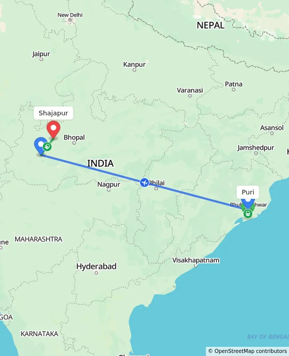 Route map showing distance and travel time from Puri, India to Shajapur, India