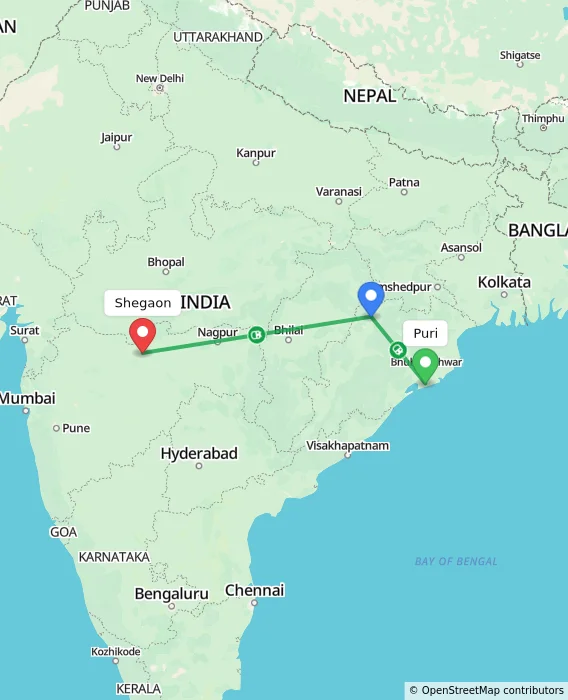 Route map showing distance and travel time from Puri, India to Shegaon, India
