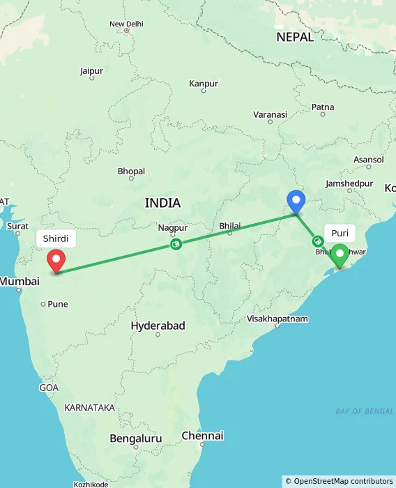 Route map showing distance and travel time from Puri, India to Shirdi, India