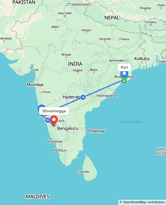 Route map showing distance and travel time from Puri, India to Shivamogga, India