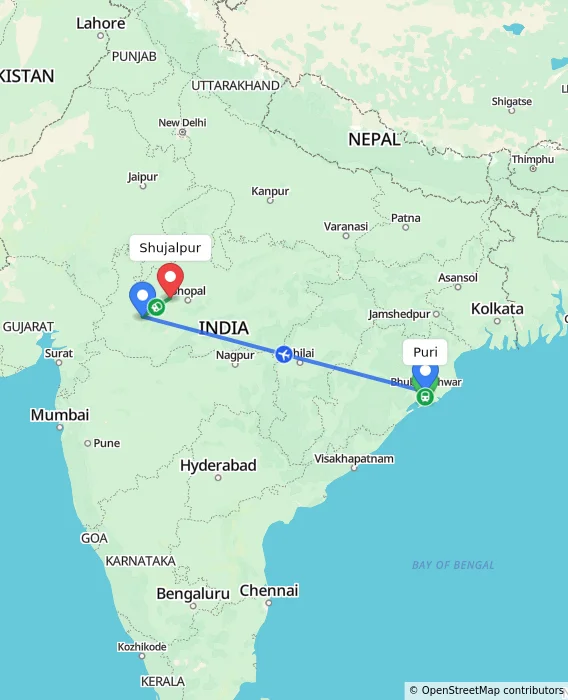 Route map showing distance and travel time from Puri, India to Shujalpur, India