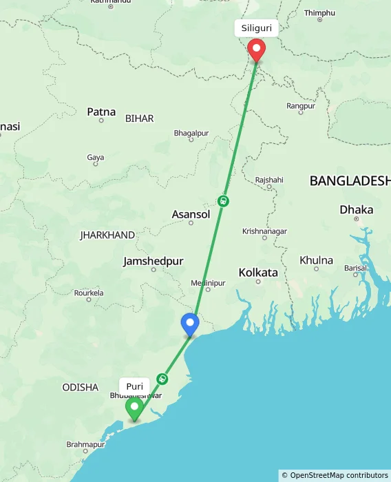 Route map showing distance and travel time from Puri, India to Siliguri, India