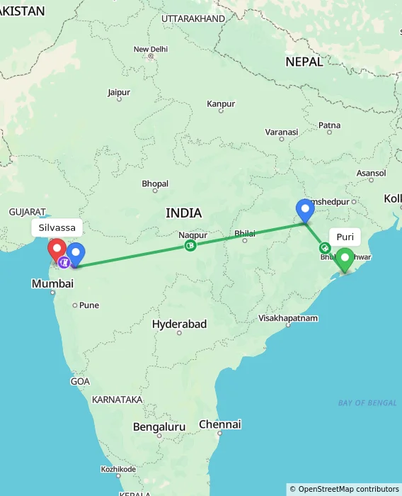 Route map showing distance and travel time from Puri, India to Silvassa, India