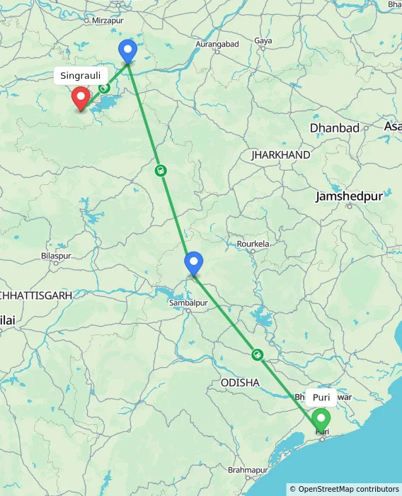 Route map showing distance and travel time from Puri, India to Singrauli, India