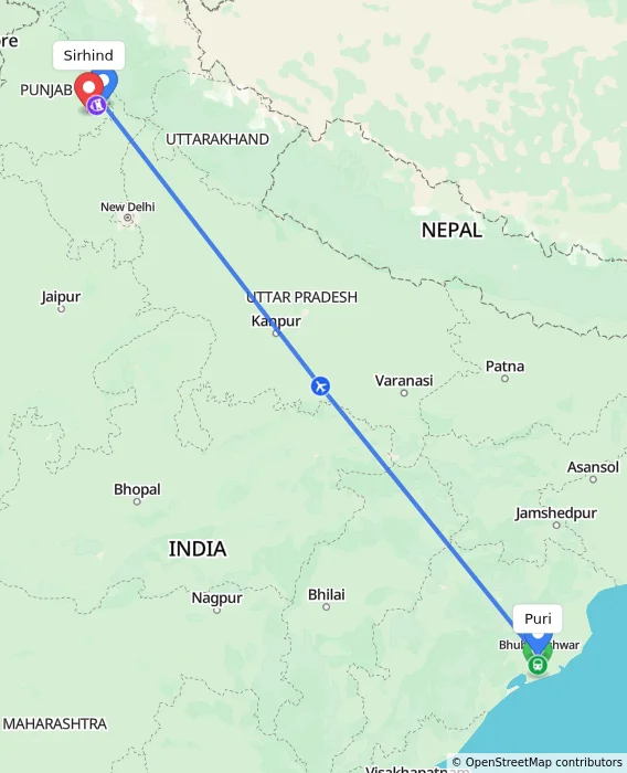 Route map showing distance and travel time from Puri, India to Sirhind, India