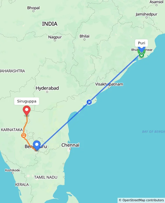 Route map showing distance and travel time from Puri, India to Siruguppa, India