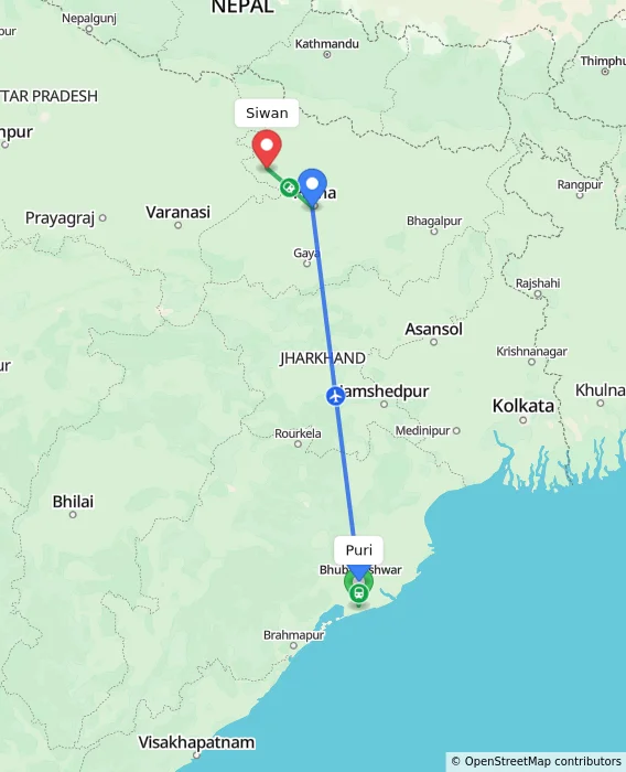 Route map showing distance and travel time from Puri, India to Siwan, India